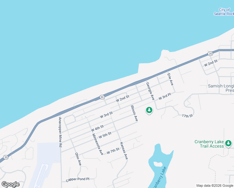 map of restaurants, bars, coffee shops, grocery stores, and more near 3416 Oakes View Lane in Anacortes