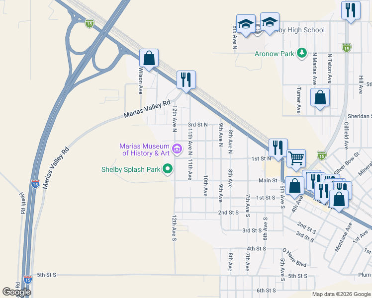 map of restaurants, bars, coffee shops, grocery stores, and more near 1129 1st St N in Shelby