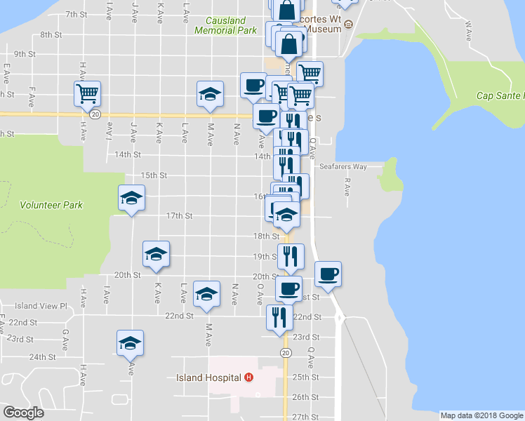 map of restaurants, bars, coffee shops, grocery stores, and more near 1608 O Avenue in Anacortes