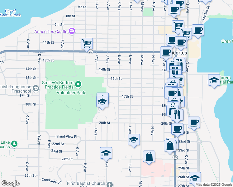 map of restaurants, bars, coffee shops, grocery stores, and more near 1618 K Avenue in Anacortes
