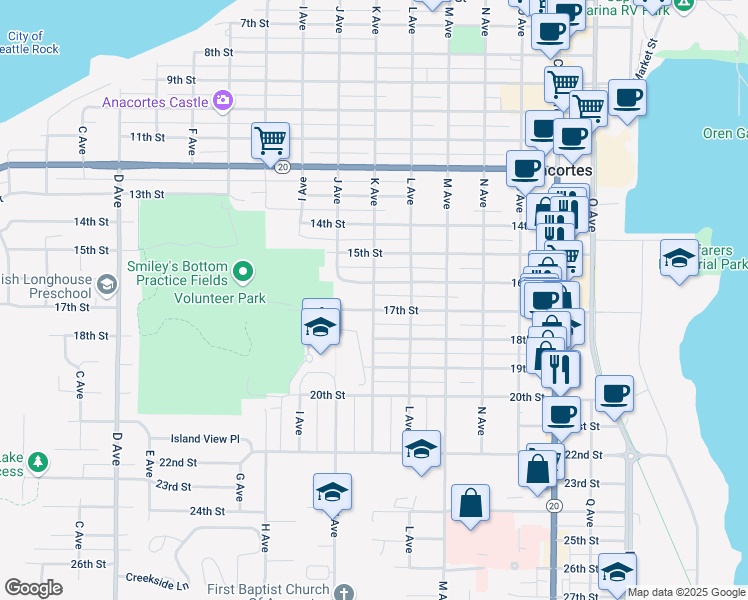 map of restaurants, bars, coffee shops, grocery stores, and more near 1620 K Avenue in Anacortes