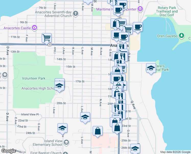 map of restaurants, bars, coffee shops, grocery stores, and more near 1201 17th Street in Anacortes