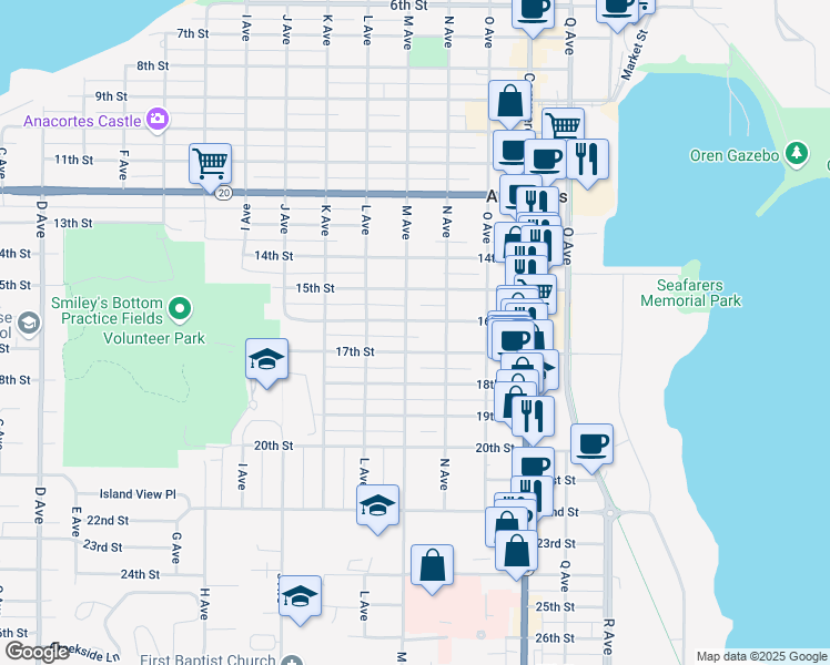 map of restaurants, bars, coffee shops, grocery stores, and more near 1303 17th Street in Anacortes