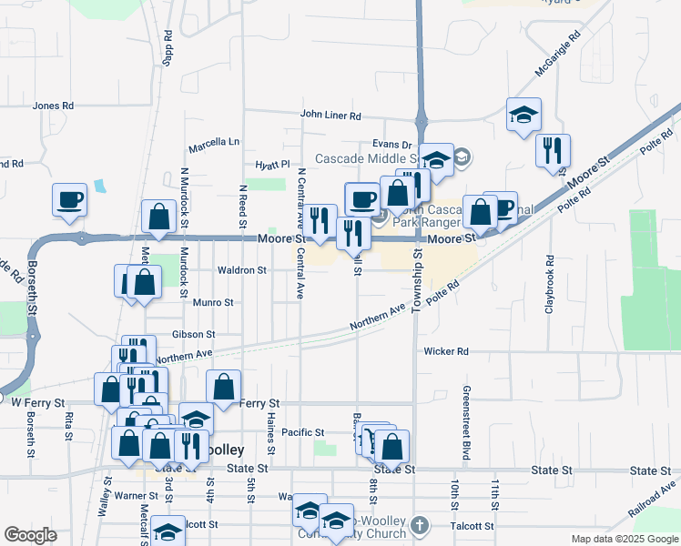 map of restaurants, bars, coffee shops, grocery stores, and more near 222 Ball Street in Sedro-Woolley