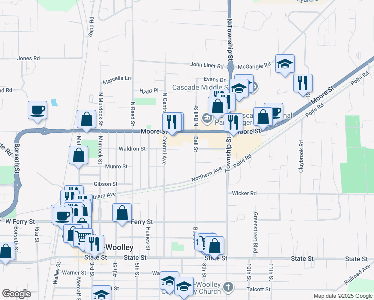 map of restaurants, bars, coffee shops, grocery stores, and more near 222 Ball Street in Sedro-Woolley
