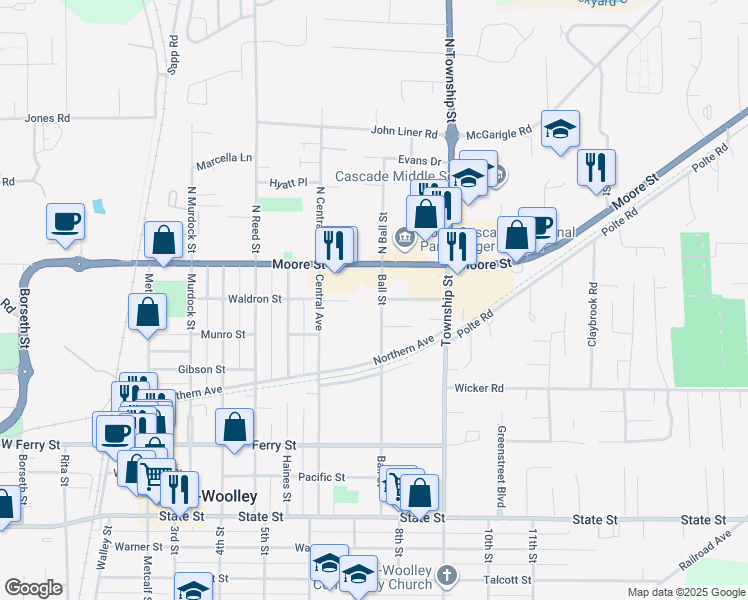 map of restaurants, bars, coffee shops, grocery stores, and more near 210 Ball Street in Sedro-Woolley