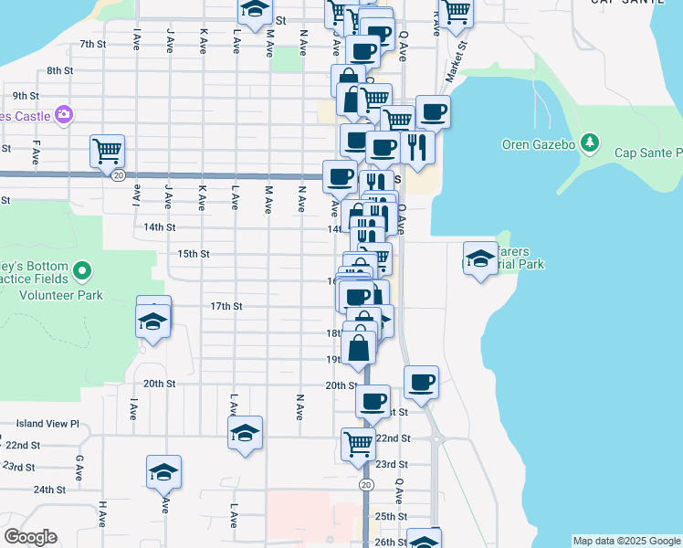 map of restaurants, bars, coffee shops, grocery stores, and more near 1508 O Avenue in Anacortes