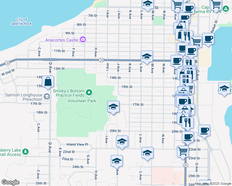 map of restaurants, bars, coffee shops, grocery stores, and more near 1522 J Avenue in Anacortes