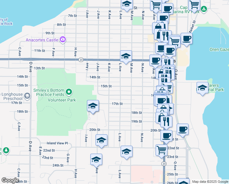 map of restaurants, bars, coffee shops, grocery stores, and more near 1401 15th Street in Anacortes