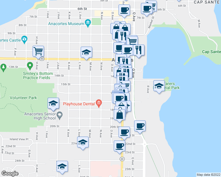 map of restaurants, bars, coffee shops, grocery stores, and more near 1508 O Avenue in Anacortes