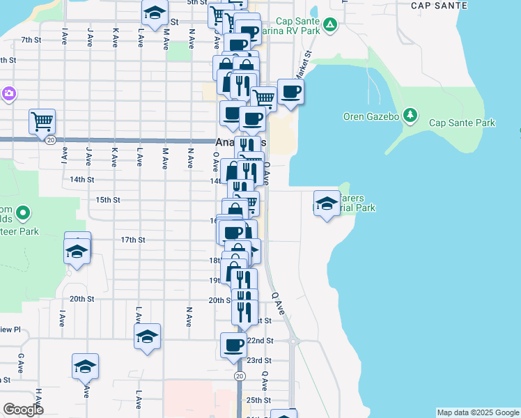 map of restaurants, bars, coffee shops, grocery stores, and more near 1517 Commercial Avenue in Anacortes