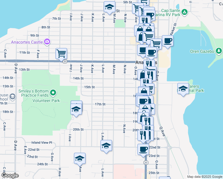 map of restaurants, bars, coffee shops, grocery stores, and more near 1504 M Avenue in Anacortes