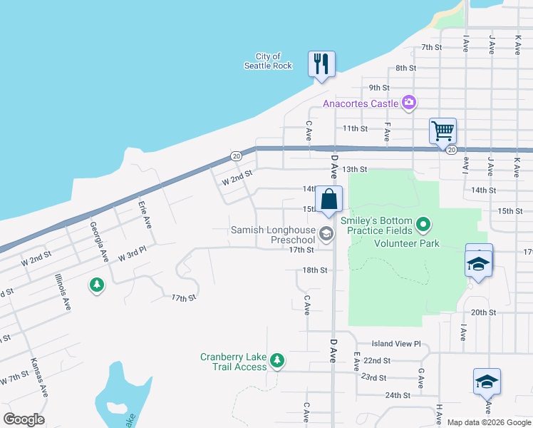 map of restaurants, bars, coffee shops, grocery stores, and more near 2415 15th Street in Anacortes