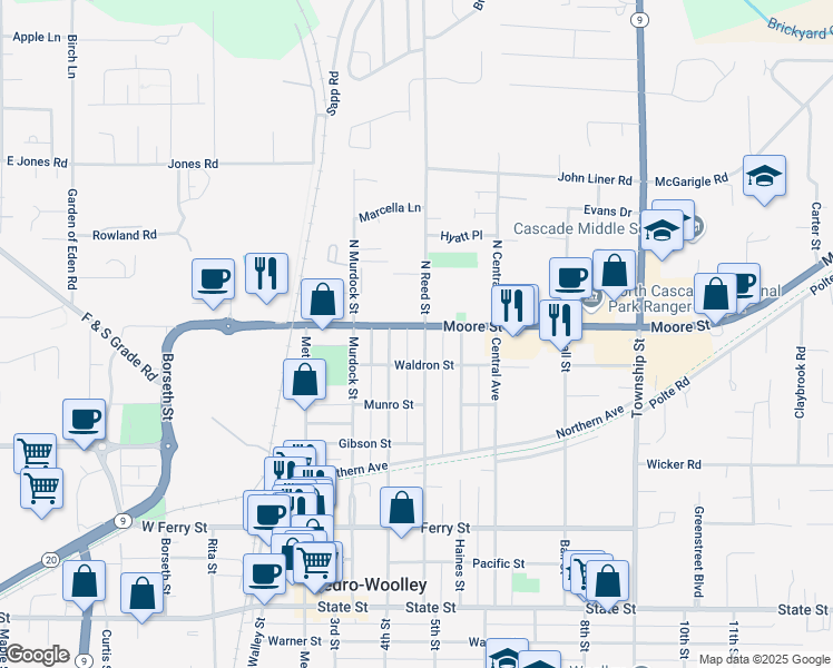 map of restaurants, bars, coffee shops, grocery stores, and more near 202 Reed Street in Sedro-Woolley