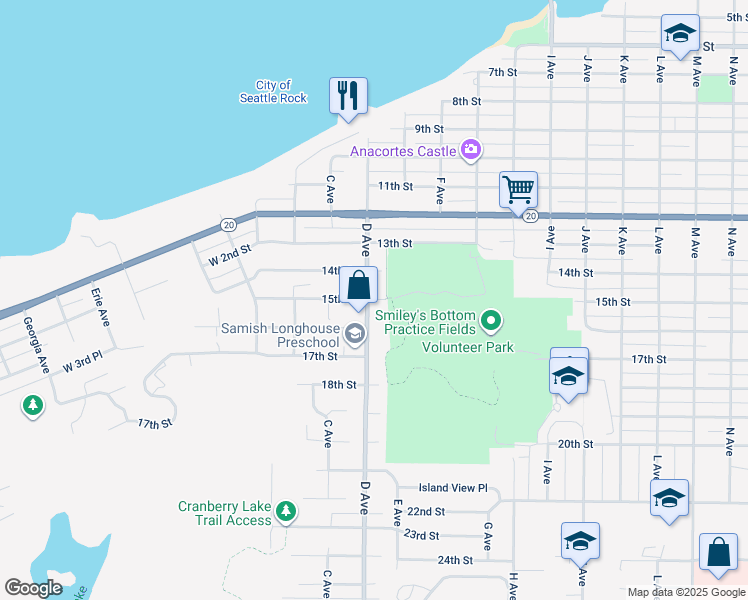 map of restaurants, bars, coffee shops, grocery stores, and more near 1503 D Avenue in Anacortes
