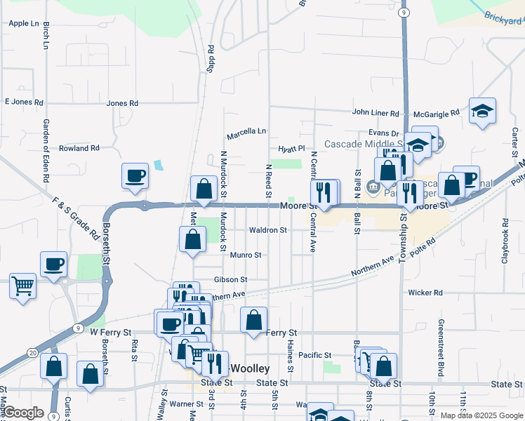 map of restaurants, bars, coffee shops, grocery stores, and more near 202 Reed Street in Sedro-Woolley