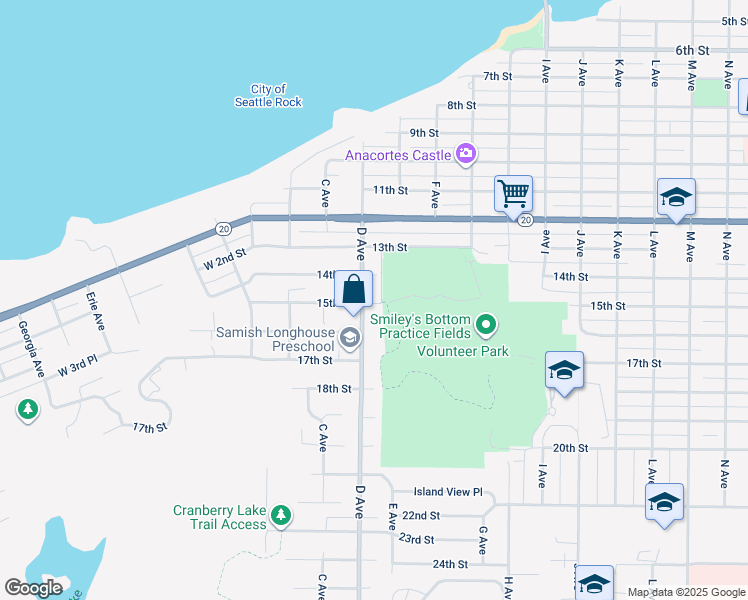 map of restaurants, bars, coffee shops, grocery stores, and more near 1503 D Avenue in Anacortes