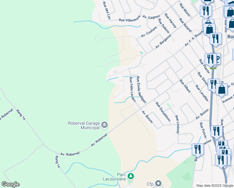map of restaurants, bars, coffee shops, grocery stores, and more near 101 Rue Larouche in Roberval