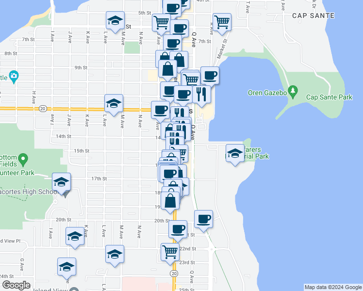 map of restaurants, bars, coffee shops, grocery stores, and more near 1517 Commercial Avenue in Anacortes