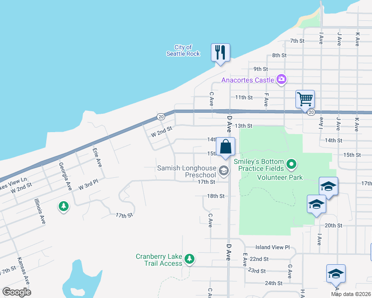 map of restaurants, bars, coffee shops, grocery stores, and more near 2415 15th Street in Anacortes
