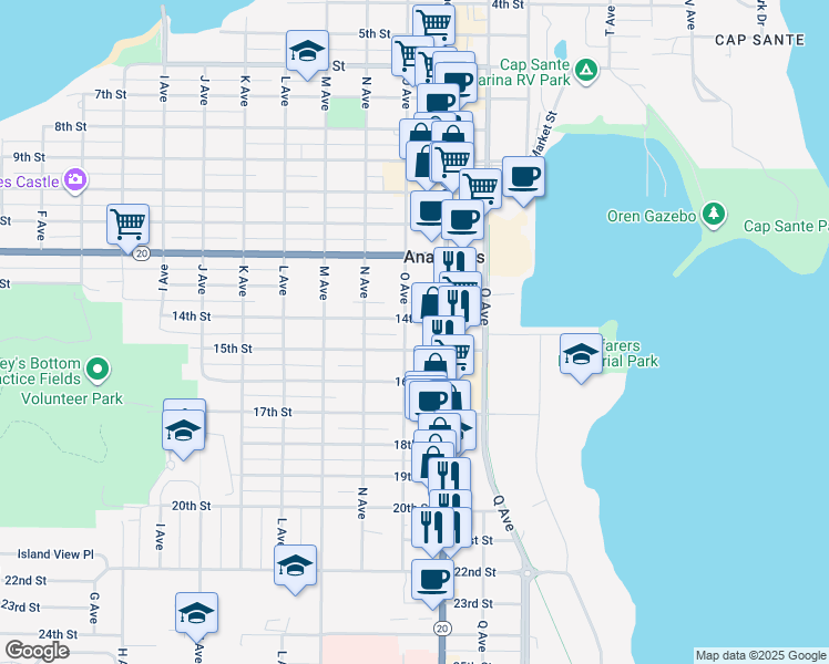 map of restaurants, bars, coffee shops, grocery stores, and more near 1508 O Avenue in Anacortes