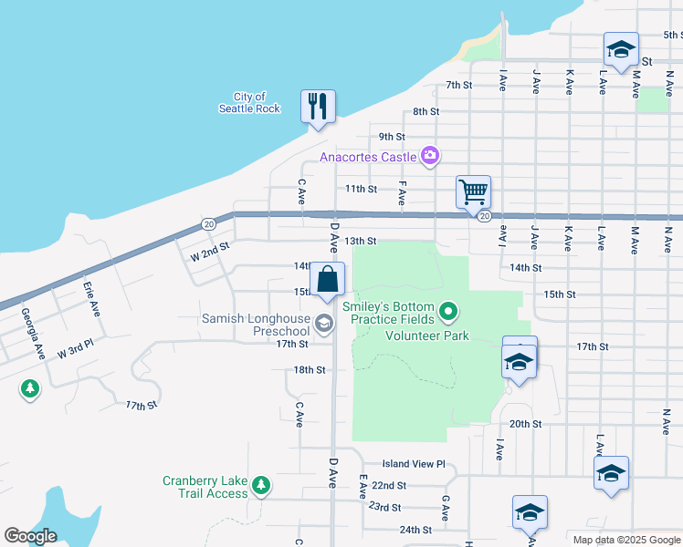 map of restaurants, bars, coffee shops, grocery stores, and more near 1313 D Avenue in Anacortes