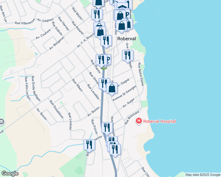 map of restaurants, bars, coffee shops, grocery stores, and more near 581 Rue Scott in Roberval