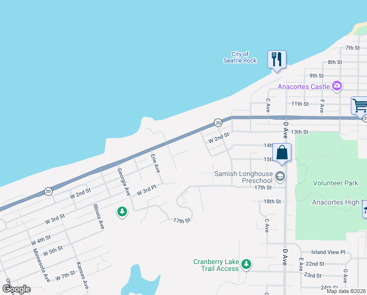 map of restaurants, bars, coffee shops, grocery stores, and more near 2717 Oakes Avenue in Anacortes