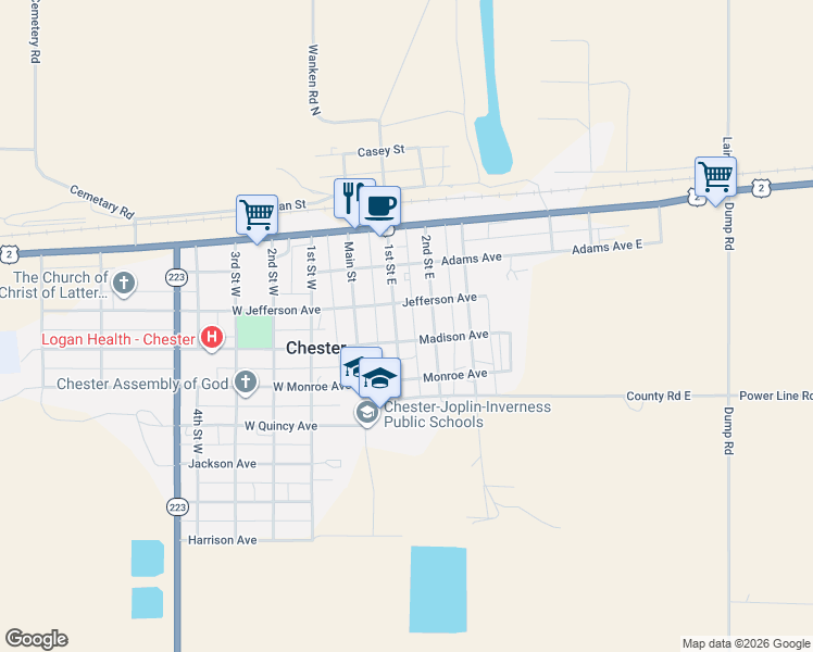 map of restaurants, bars, coffee shops, grocery stores, and more near 201 1st Street East in Chester