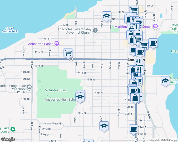 map of restaurants, bars, coffee shops, grocery stores, and more near 1303 K Avenue in Anacortes