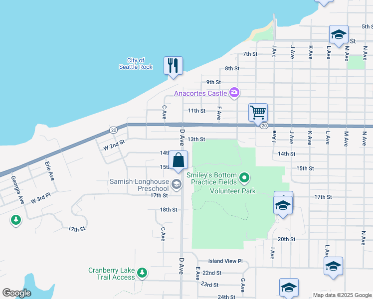 map of restaurants, bars, coffee shops, grocery stores, and more near 1313 D Avenue in Anacortes
