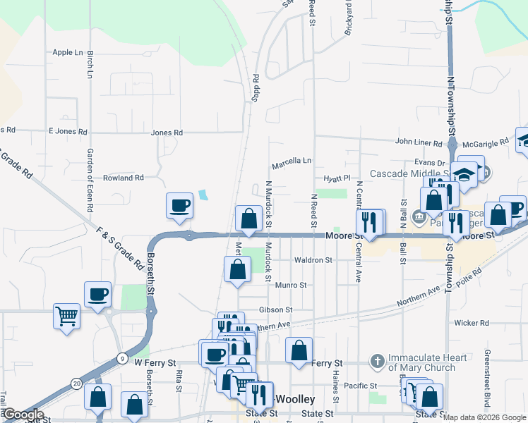 map of restaurants, bars, coffee shops, grocery stores, and more near 130 North Murdock Street in Sedro-Woolley