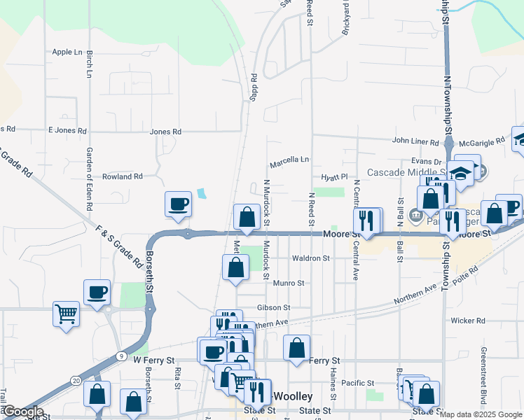 map of restaurants, bars, coffee shops, grocery stores, and more near 130 North Murdock Street in Sedro-Woolley