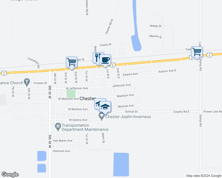 map of restaurants, bars, coffee shops, grocery stores, and more near 201 1st Street East in Chester
