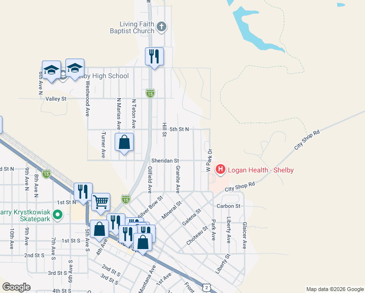 map of restaurants, bars, coffee shops, grocery stores, and more near 738 North Granite Avenue in Shelby