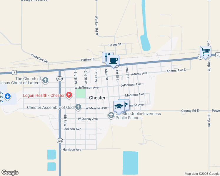 map of restaurants, bars, coffee shops, grocery stores, and more near 3 East Jefferson Avenue in Chester