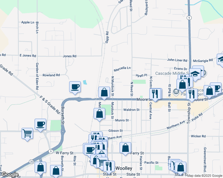 map of restaurants, bars, coffee shops, grocery stores, and more near 130 North Murdock Street in Sedro-Woolley