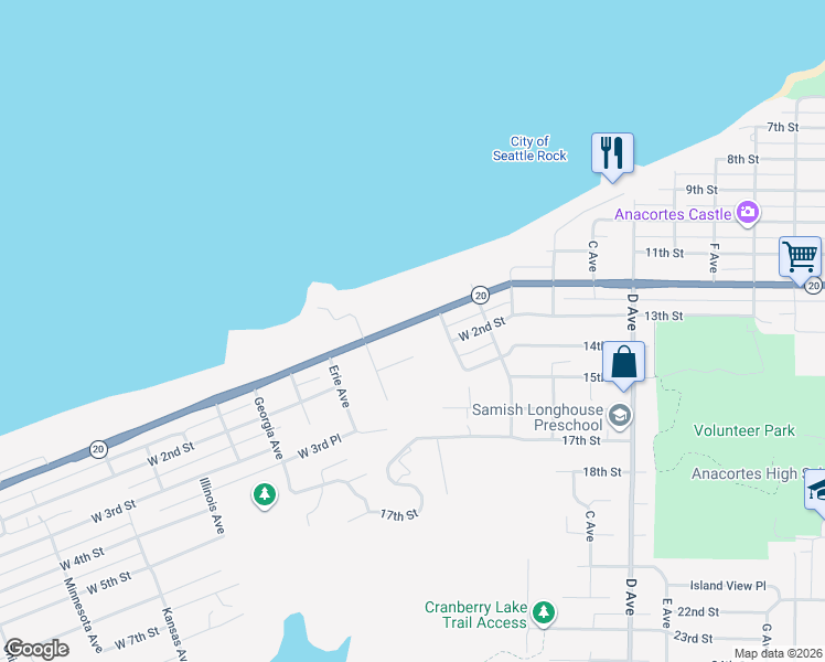 map of restaurants, bars, coffee shops, grocery stores, and more near 2717 Oakes Avenue in Anacortes