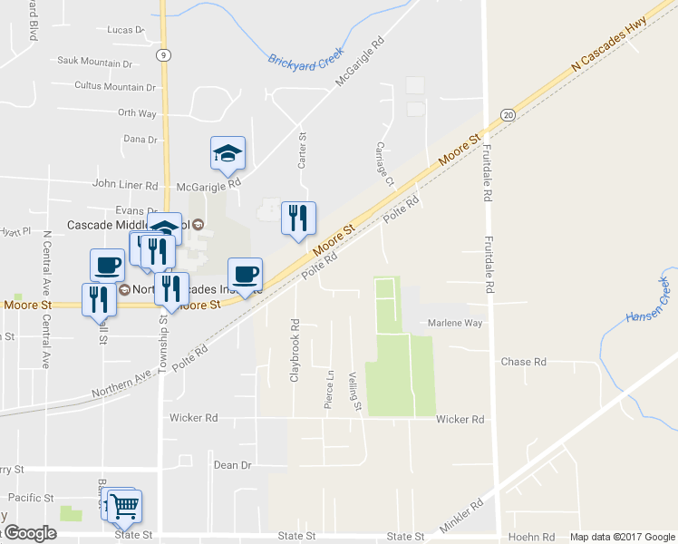 map of restaurants, bars, coffee shops, grocery stores, and more near 24386 Polte Road in Sedro-Woolley