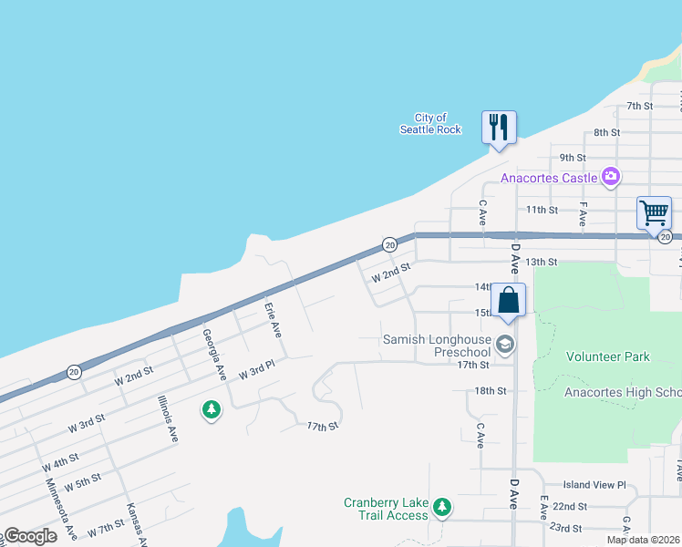 map of restaurants, bars, coffee shops, grocery stores, and more near 2717 Oakes Avenue in Anacortes