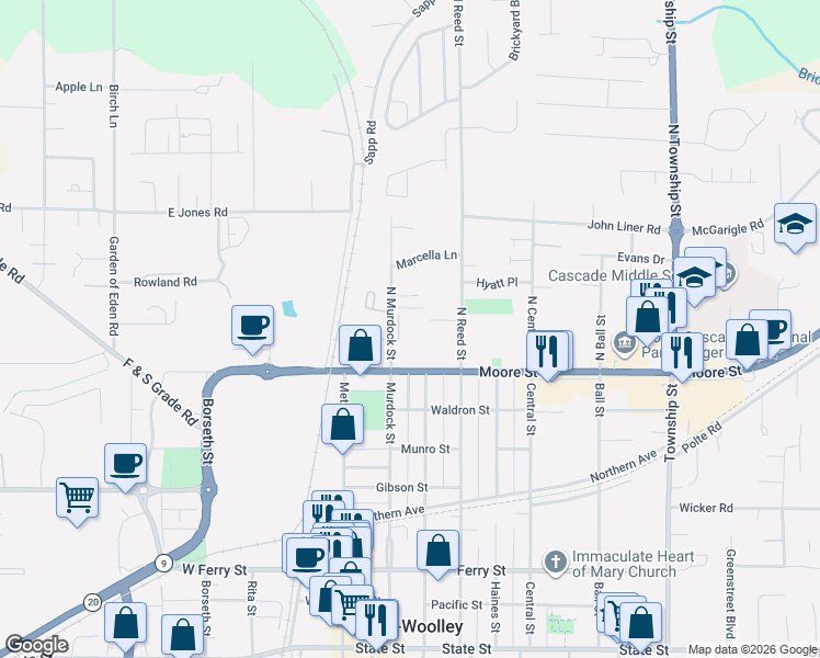 map of restaurants, bars, coffee shops, grocery stores, and more near 123 North Murdock Street in Sedro-Woolley