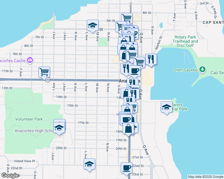 map of restaurants, bars, coffee shops, grocery stores, and more near 1300 O Avenue in Anacortes