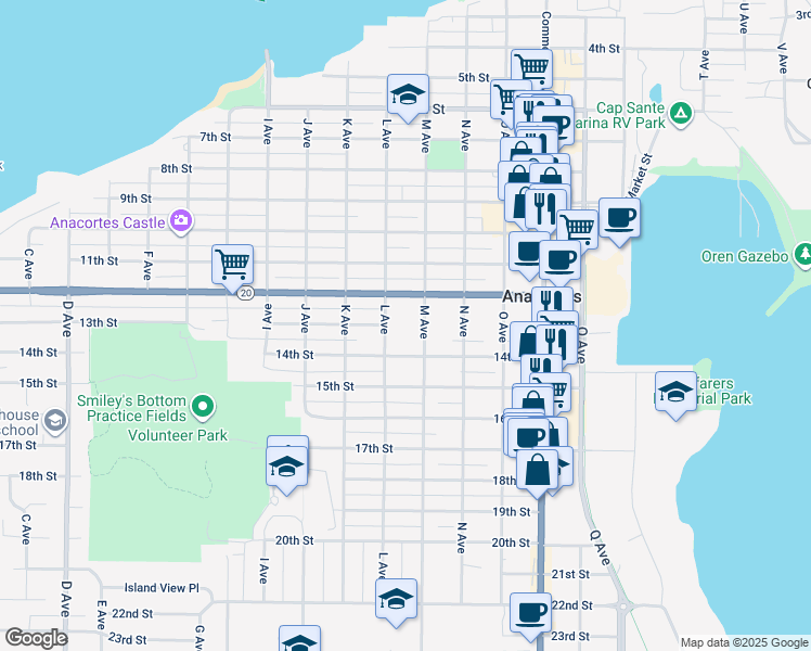 map of restaurants, bars, coffee shops, grocery stores, and more near 1200 M Avenue in Anacortes