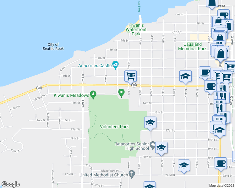 map of restaurants, bars, coffee shops, grocery stores, and more near 1303 G Avenue in Anacortes