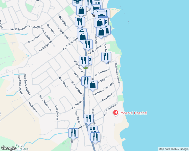 map of restaurants, bars, coffee shops, grocery stores, and more near 159 Avenue Marcoux in Roberval