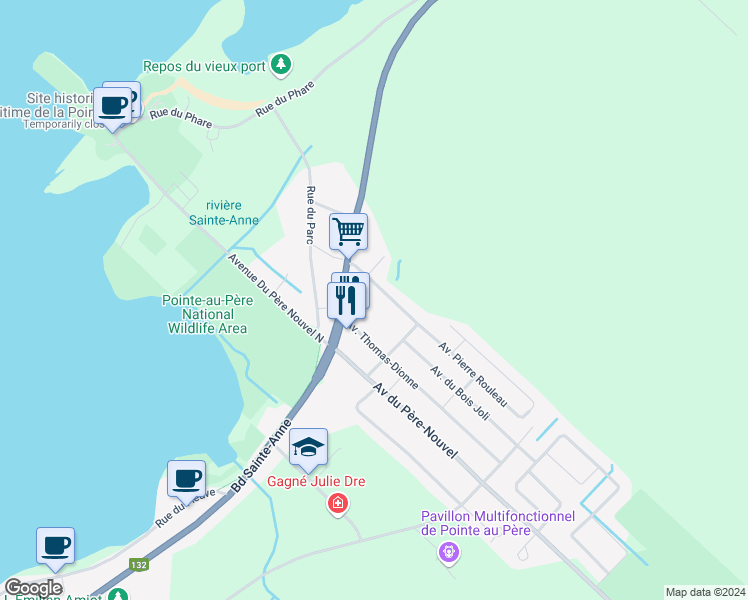 map of restaurants, bars, coffee shops, grocery stores, and more near 306 Avenue Pierre Rouleau in Rimouski