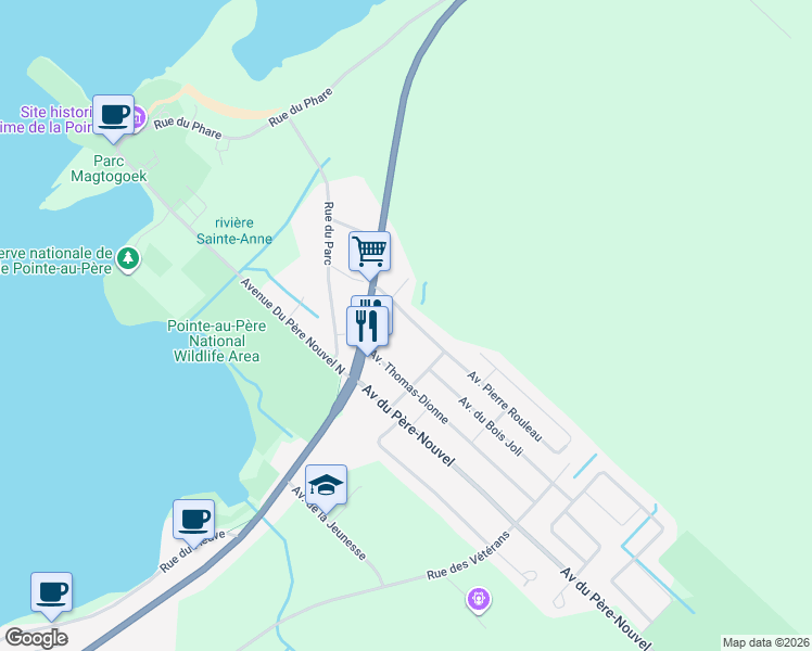 map of restaurants, bars, coffee shops, grocery stores, and more near 308 Avenue Pierre Rouleau in Rimouski