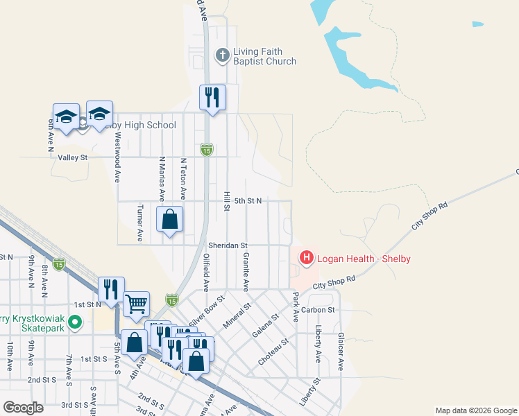 map of restaurants, bars, coffee shops, grocery stores, and more near 208 Gallatin Street in Shelby