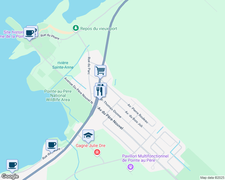 map of restaurants, bars, coffee shops, grocery stores, and more near 308 Avenue Pierre Rouleau in Rimouski