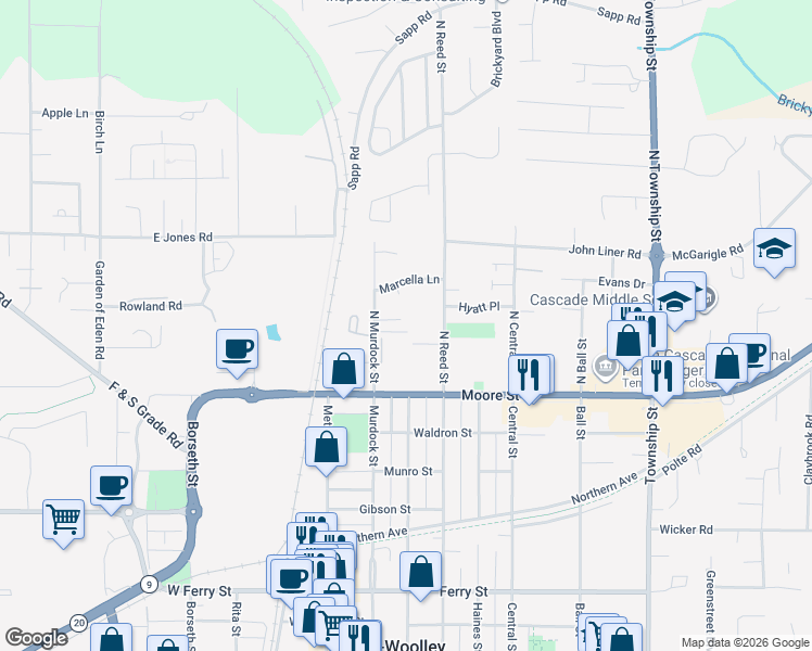 map of restaurants, bars, coffee shops, grocery stores, and more near 308 Marcella Court in Sedro-Woolley